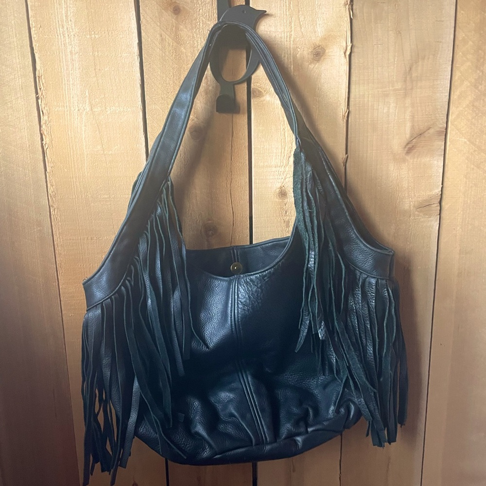 JJ Winter Leather Fringe Purse/Bag color Black